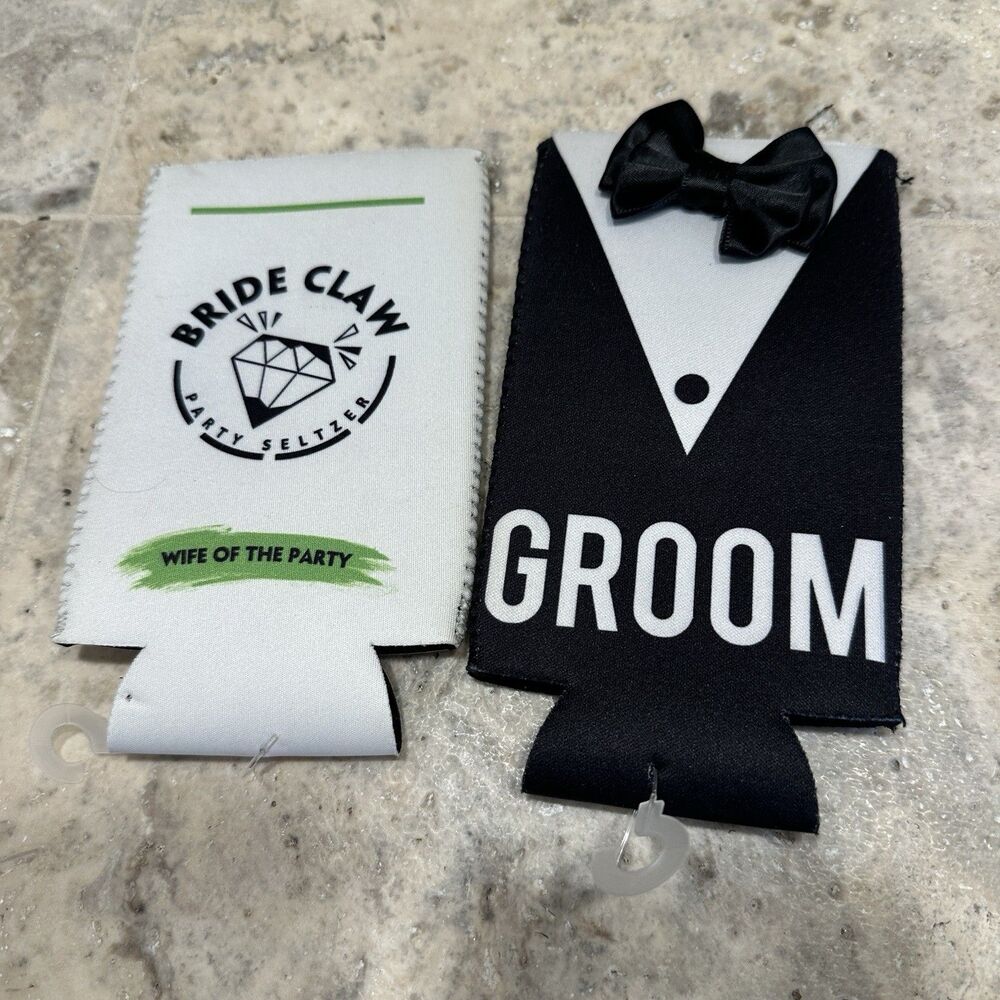 Bride Claw White Skinny Can Koozie And Groom Tuxedo Koozie Wedding‎